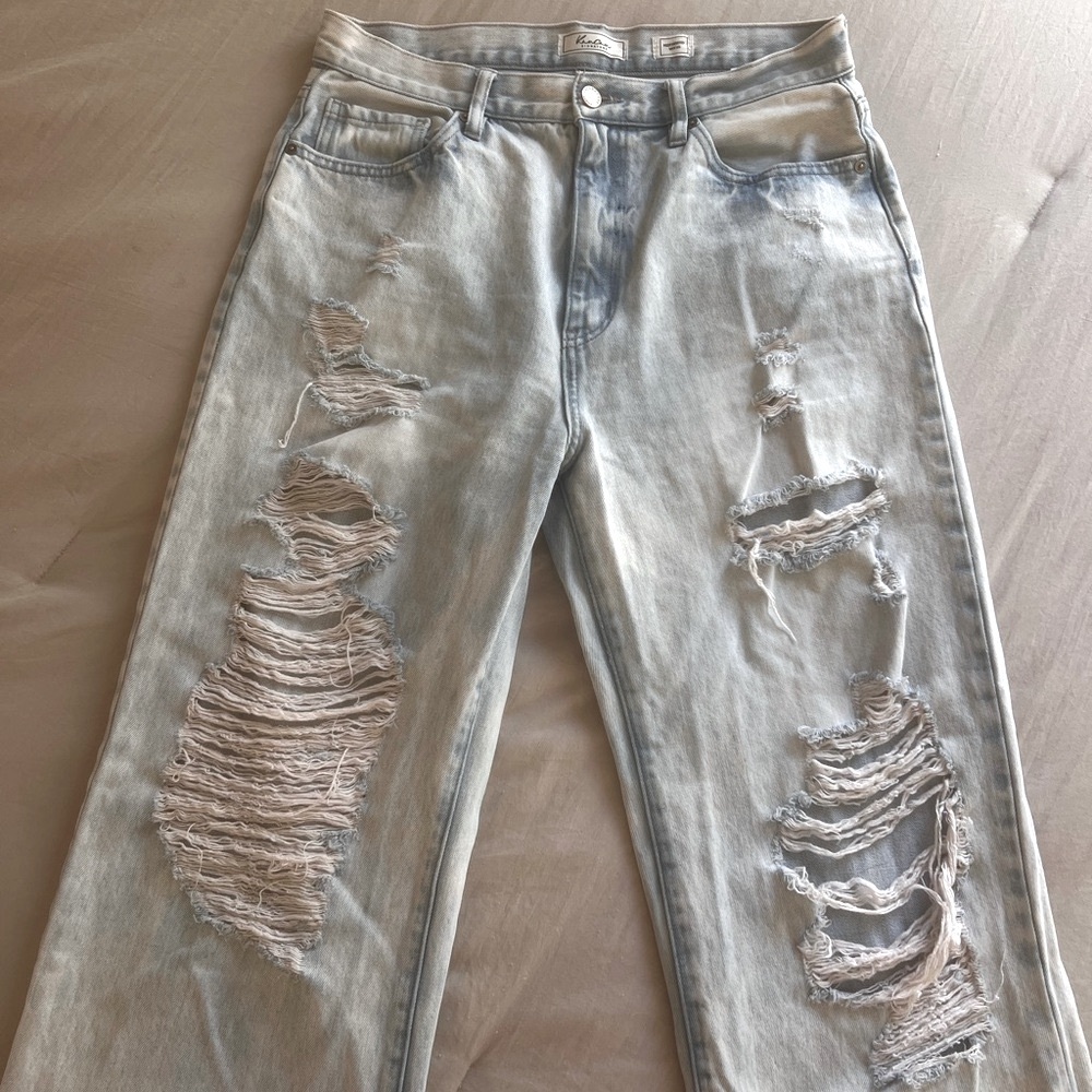 Distressed High Waist Light Blue Wide Leg Jeans